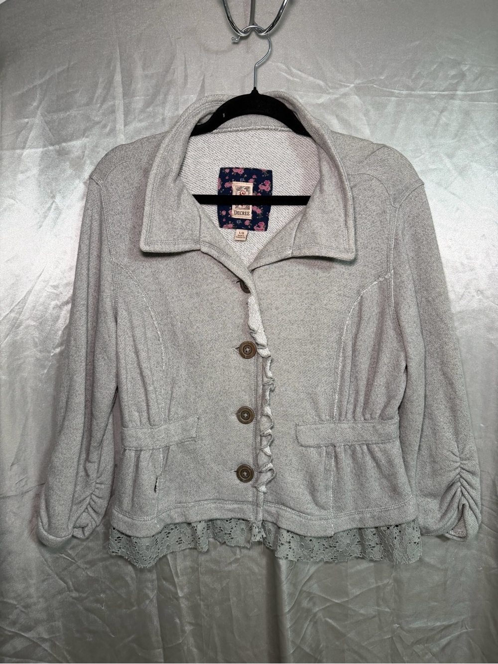 Y2K Decree Womens Grey Ruffle Lace Jacket Cardigan Boho Size Large